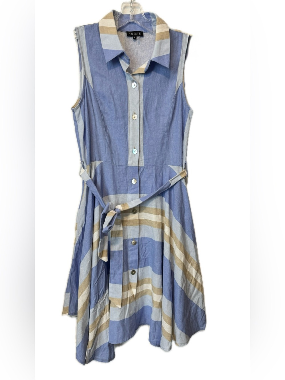 1. State Sleeveless Blue and Cream Striped Midi Shirt Dress - Picture 2 of 8